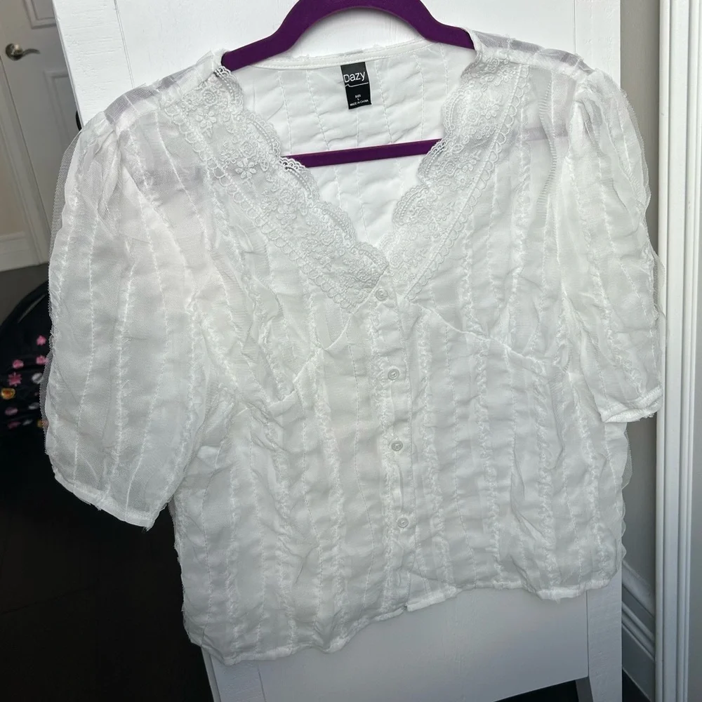 NWOT Sheer Frilled Mesh Blouse - Picture 7 of 9